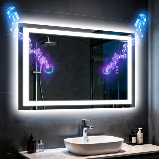 Borwart Smart Led Bathroom Mirror Antifog Tempered Glass Dual Speaker