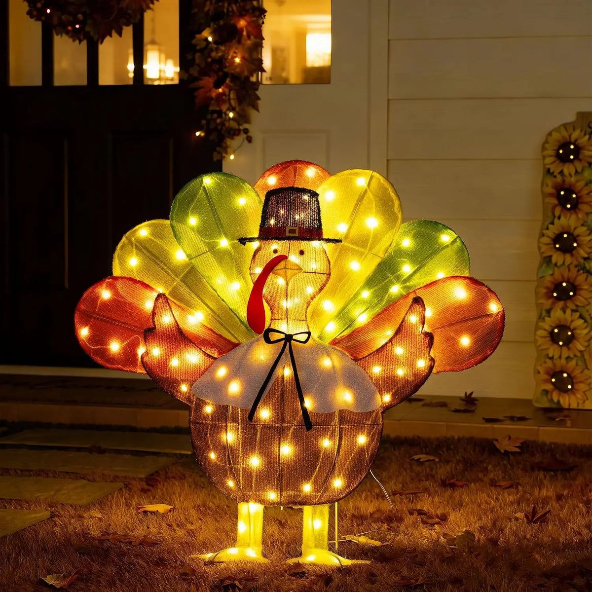 SHXI Lighted Thanksgiving Turkey Decoration With Pilgrim Hat Bow Tie