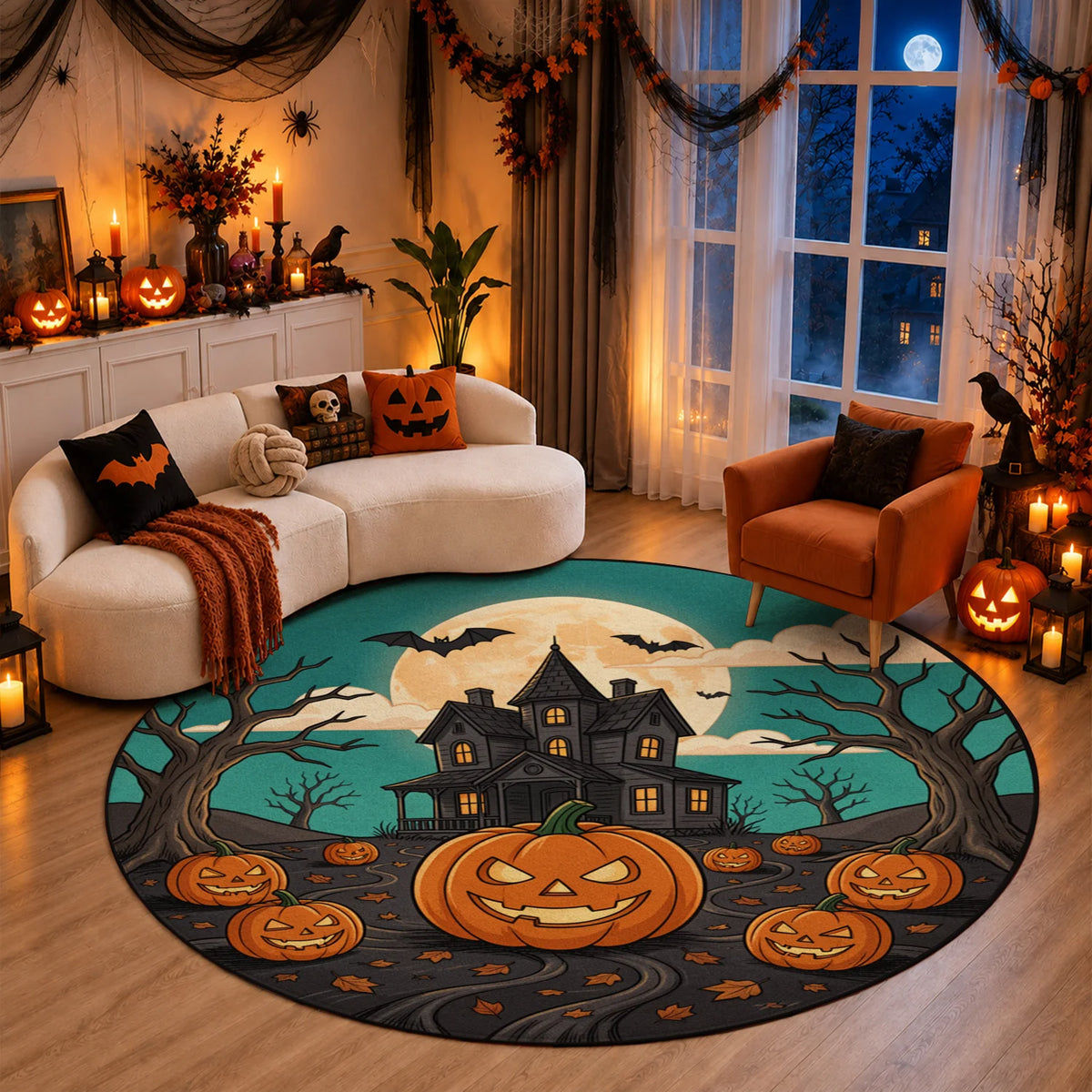 Halloween Haunted House Pumpkin Bat Washable Velvet Area Rug