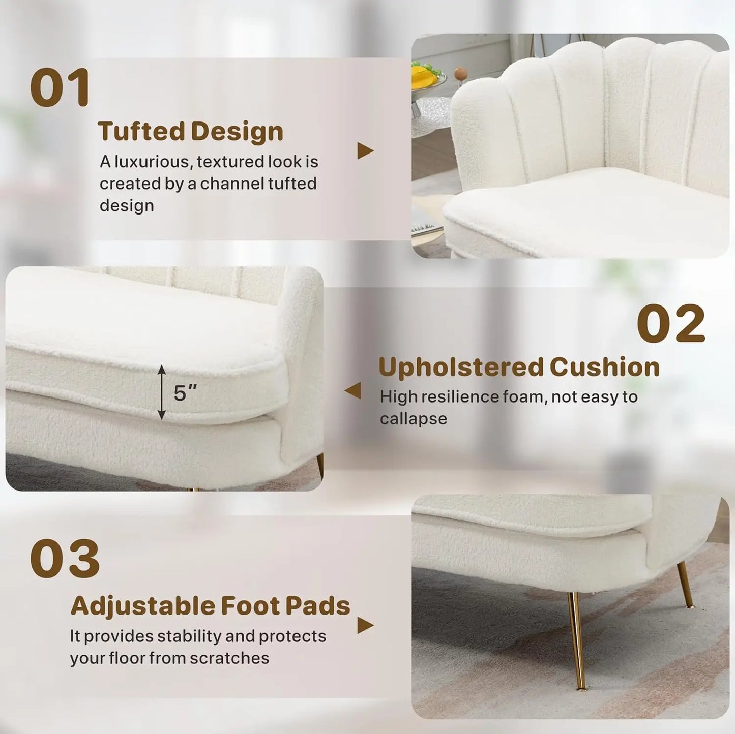 Sherpa Boucle Two Seater Sofa With Gold Metal Legs