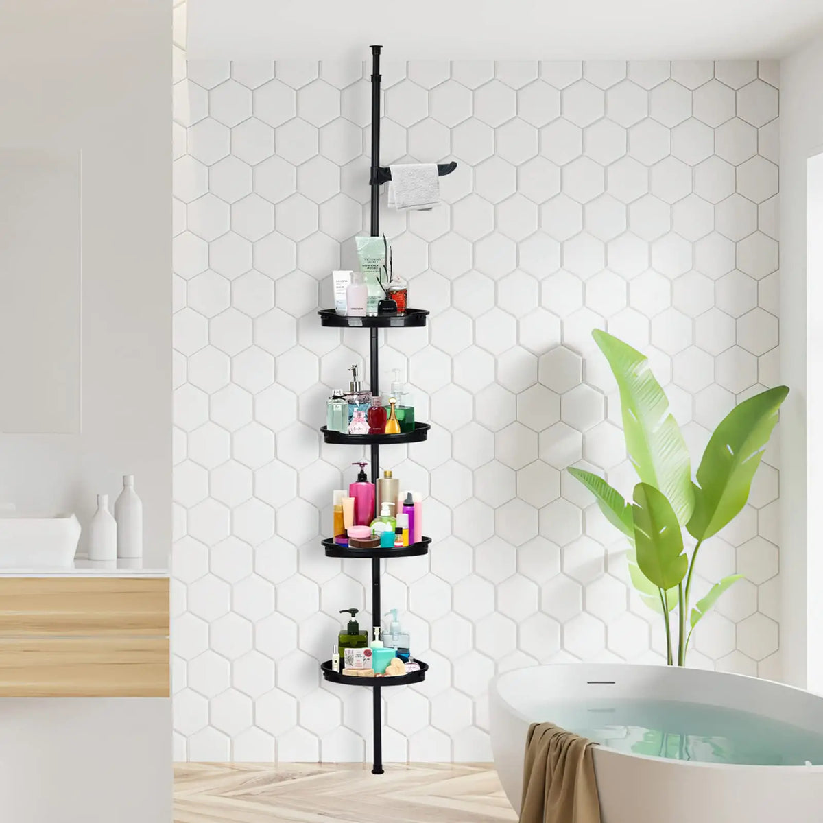 Four Tier Corner Shower Caddy Tension Pole Bathroom Storage Rack