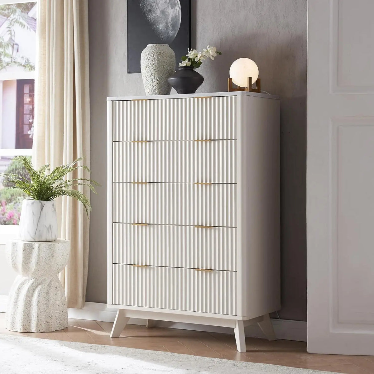 Modern Fluted Five Drawer Wooden Storage Bedroom Dresser