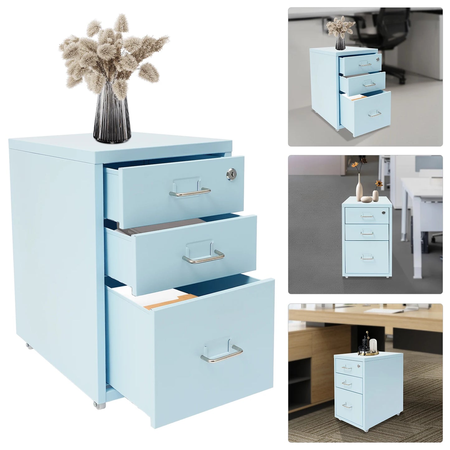 Bymaocar 3 Tier Vertical Metal File Cabinet With Lock Mobile