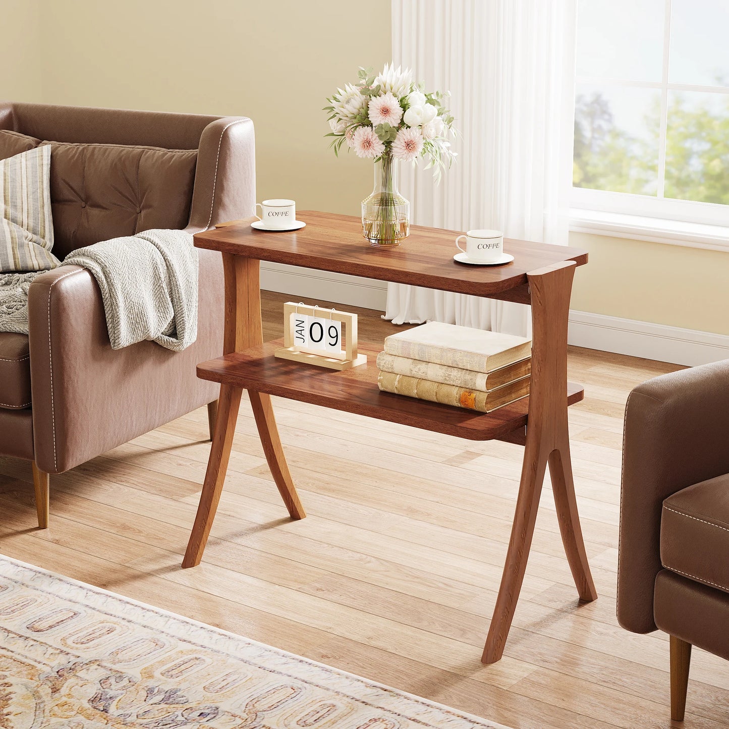 Tribesigns Walnut Side Table With 2-Tier Storage Shelf