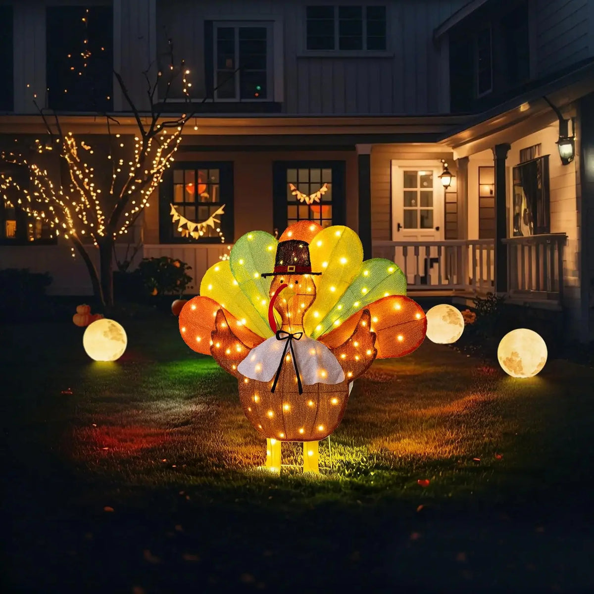 SHXI Lighted Thanksgiving Turkey Decoration With Pilgrim Hat Bow Tie