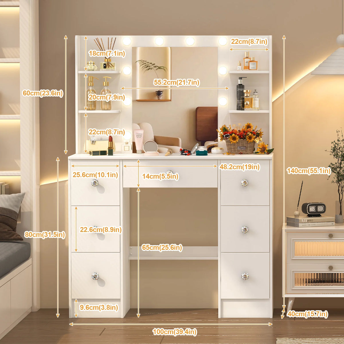 OnesaiMei Wooden Vanity Table With LED Mirror And Seven Drawers