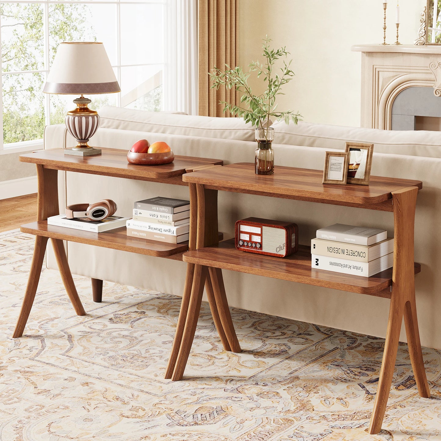 Tribesigns Walnut Side Table With 2-Tier Storage Shelf