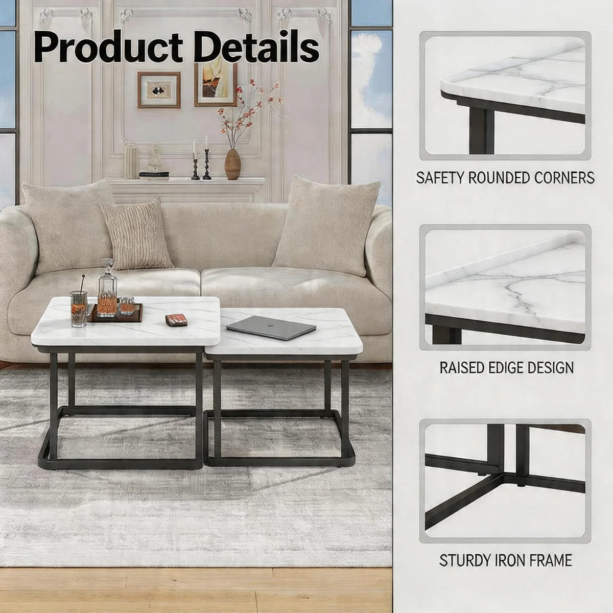 Himiss Fluted Square Nesting Coffee Side Table Set Of Two