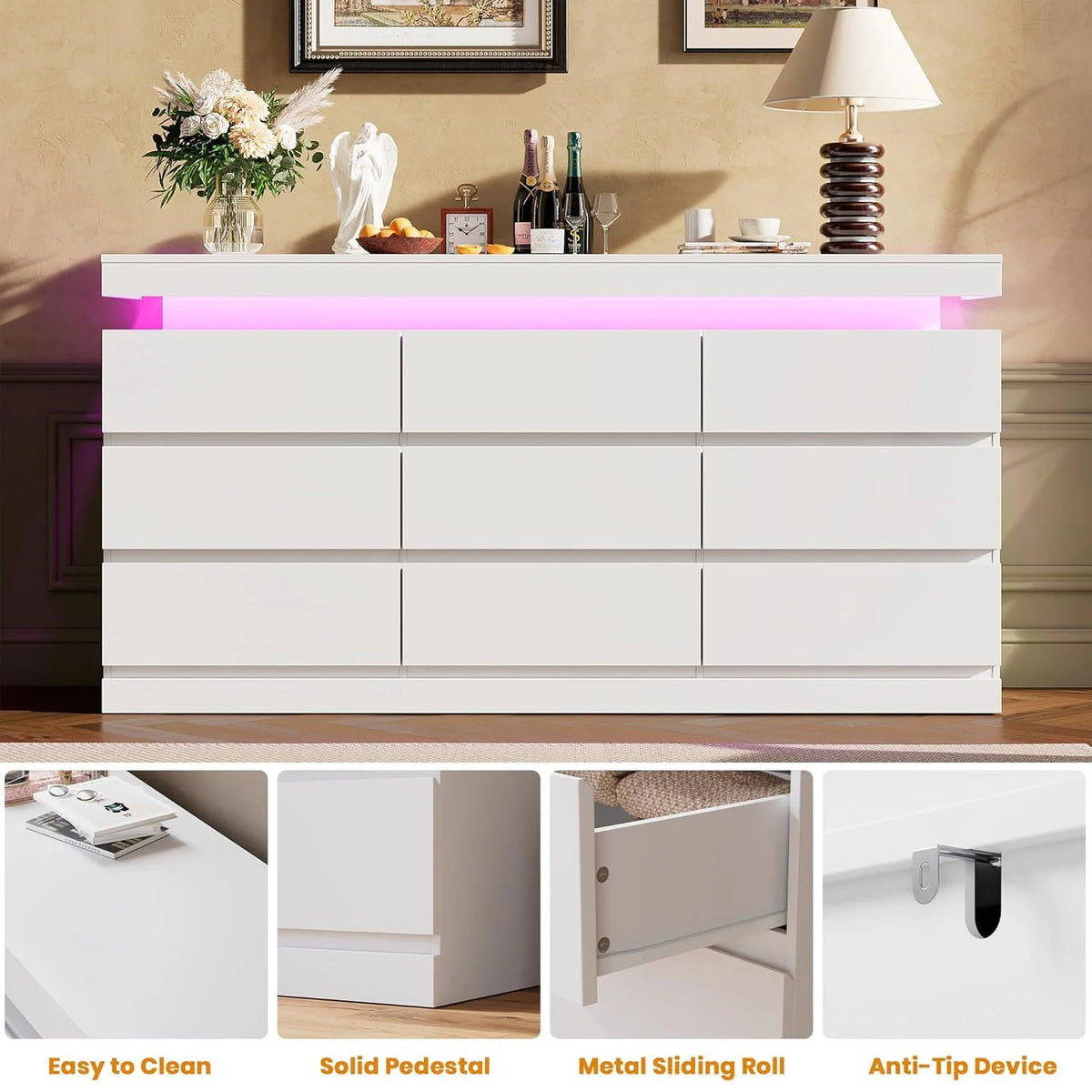 Acekool 9 Drawer Wooden Dresser With Led Lights And Charging Station