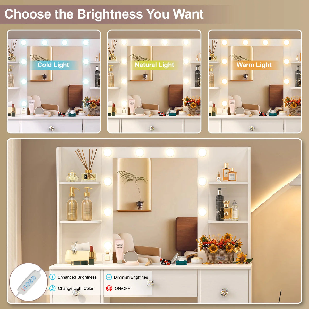 OnesaiMei Wooden Vanity Table With LED Mirror And Seven Drawers
