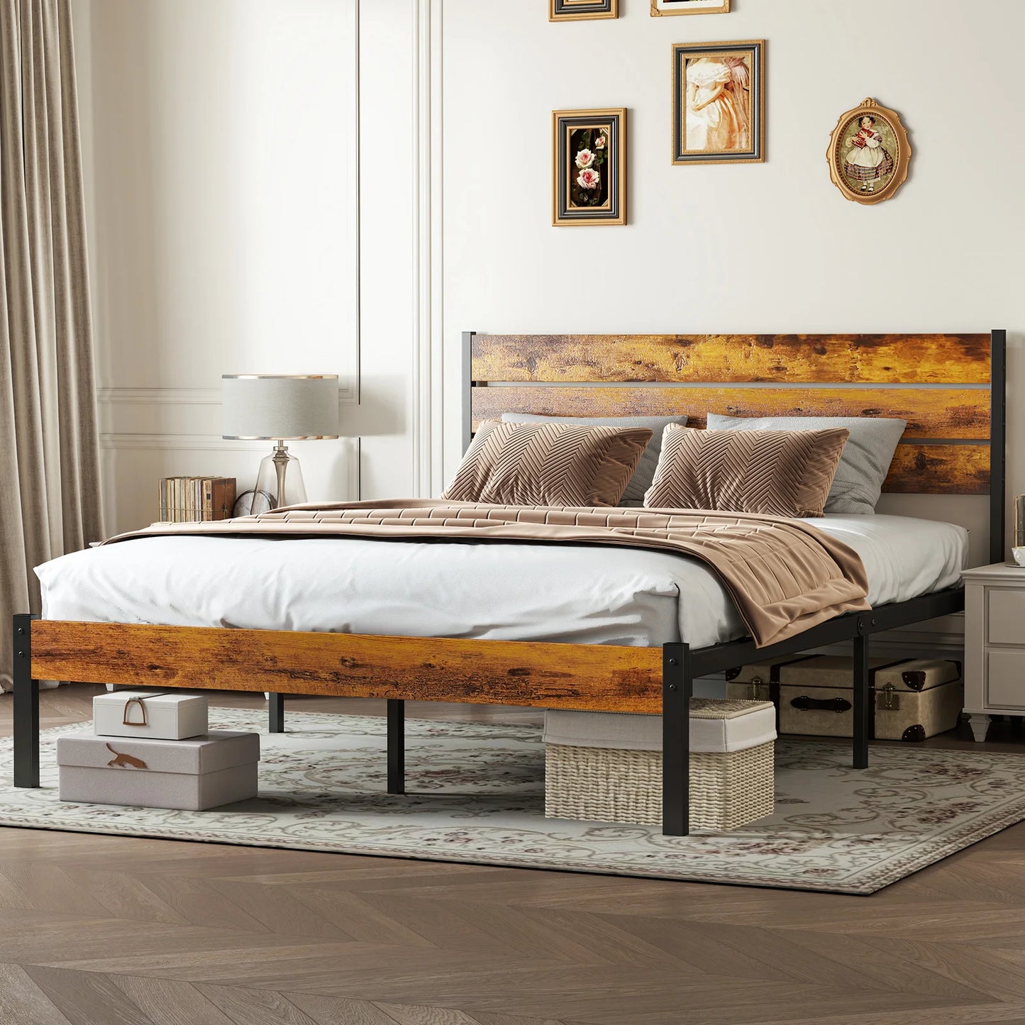 MCQ Wooden Headboard and Metal Platform Frame with Sturdy Slats