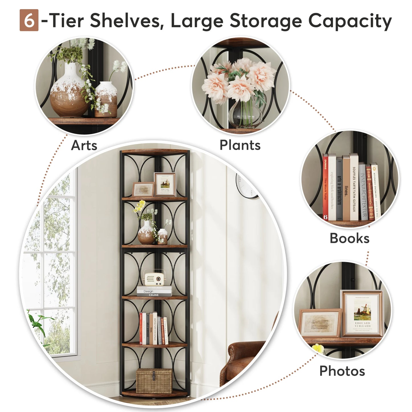 Tribesigns 6 Tier Tall Corner Shelf Rustic Standing Storage