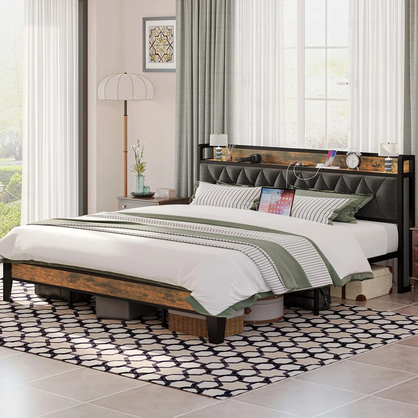 Anctor Storage Headboard Bed Frame With Outlets Quiet Performance
