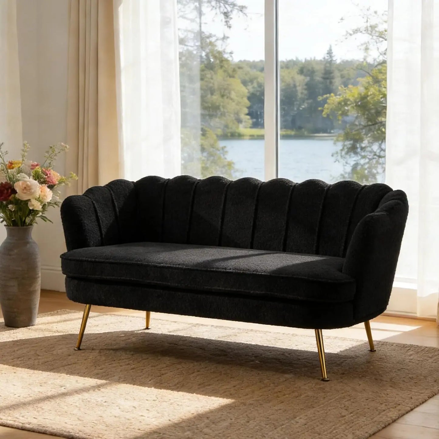 Sherpa Boucle Two Seater Sofa With Gold Metal Legs
