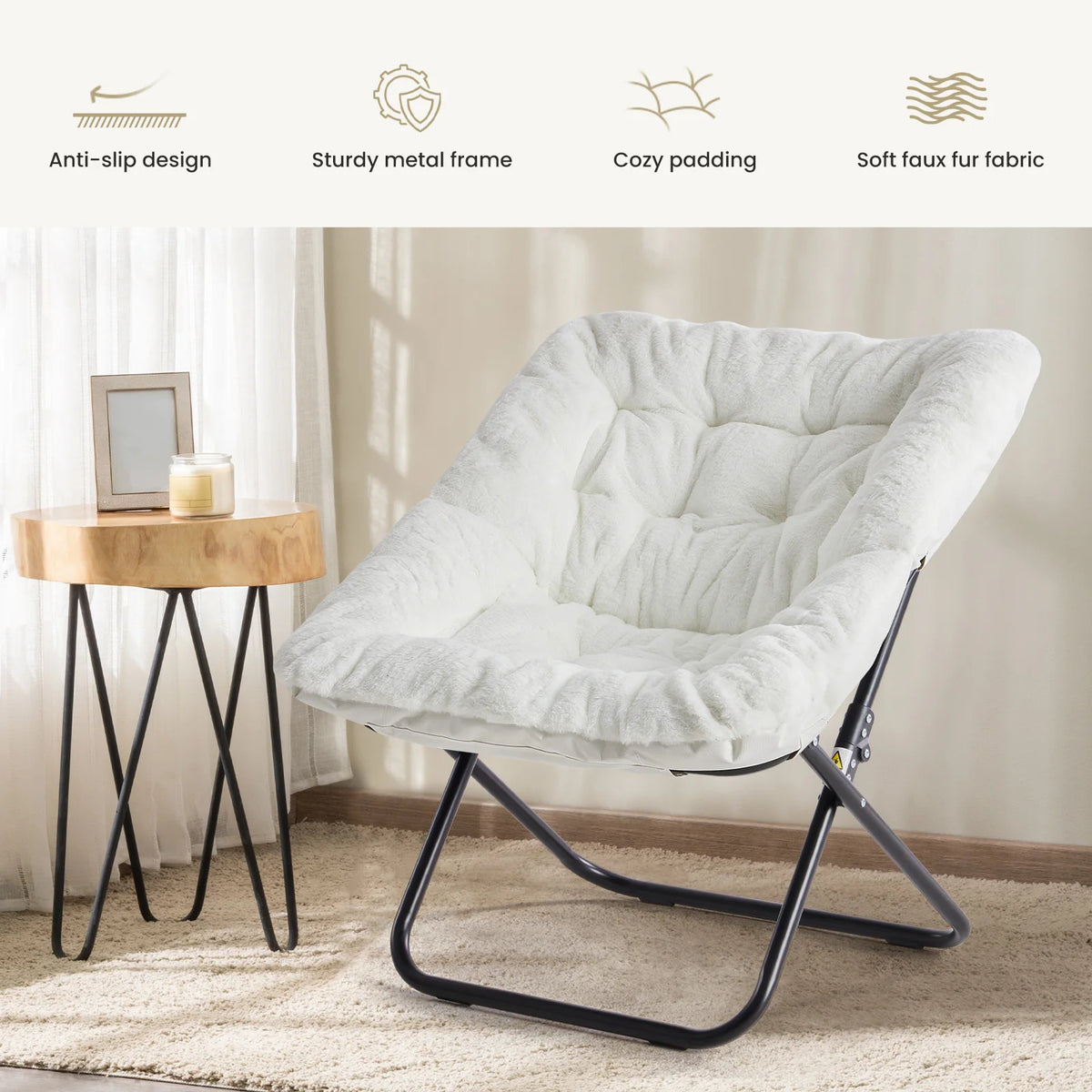 JHK Foldable Swivel Saucer Chair With Padded Fabric Seat