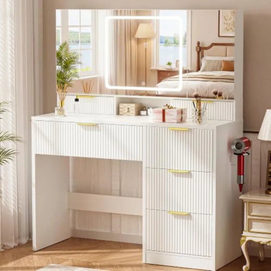 Vanity Desk With 3-Way Mirror And Lights 6 Drawers