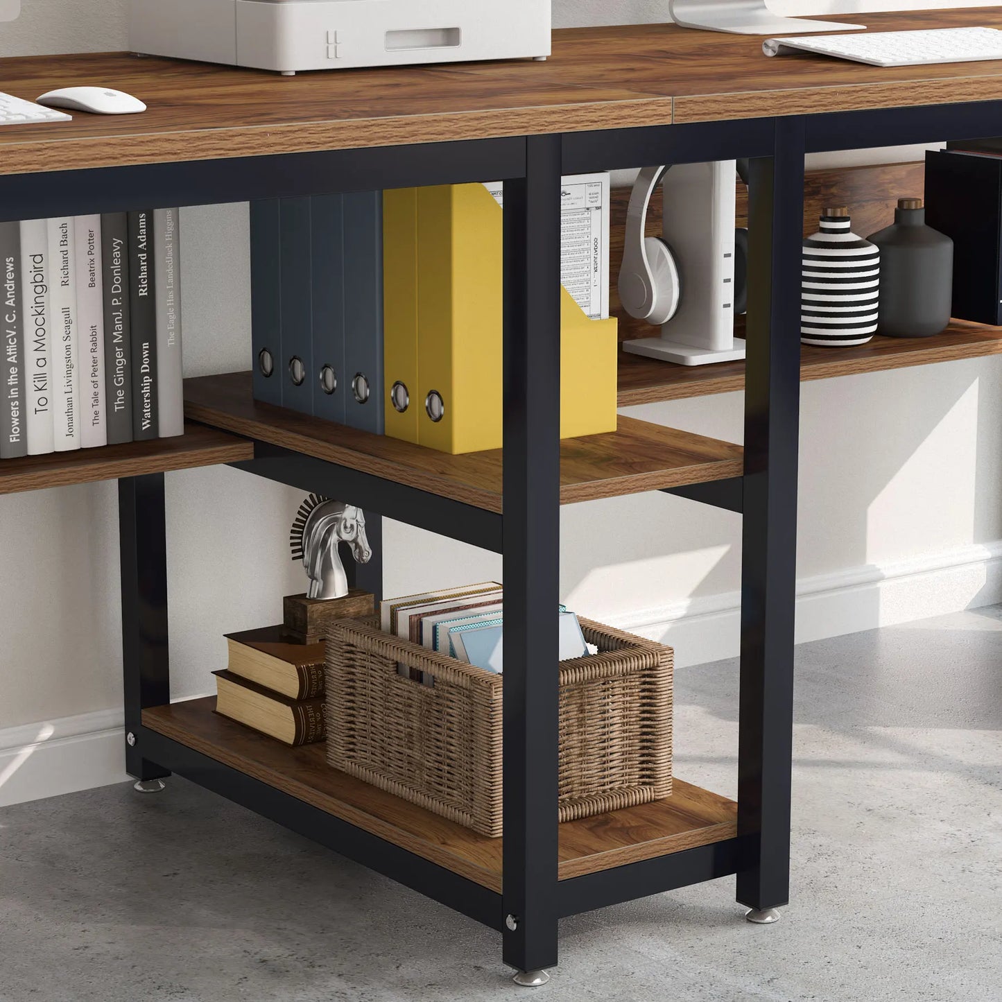 Tribesigns Two Person Desk With Bookshelf Rustic Office Computer Desk