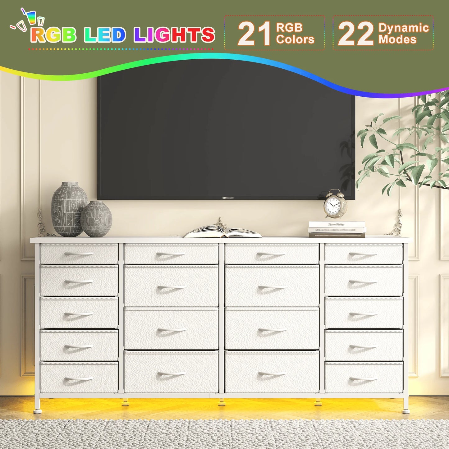 EnHomee 18-Drawer Fabric Dresser TV Stand With LED Lights