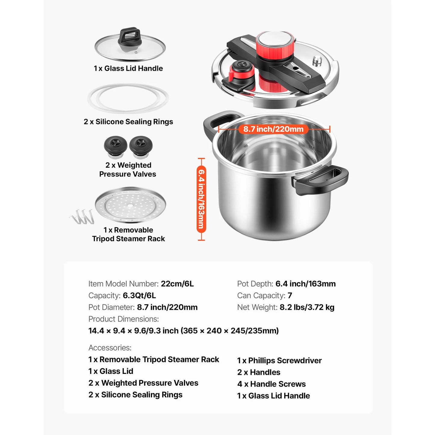 SucceBuy Stainless Steel Pressure Cooker With Steaming Rack Tempered Glass Lid