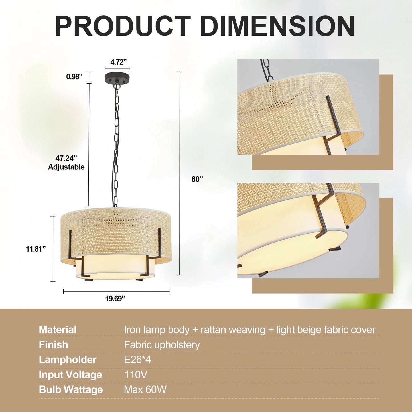ZHIKEA Farmhouse Boho 4Light Rattan Pendant Chandelier With Fabric Shade