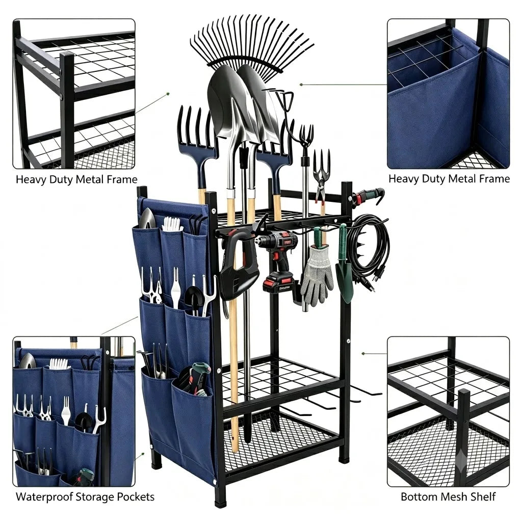 Freestanding Heavy Duty Metal Garden Garage Tool Storage Rack